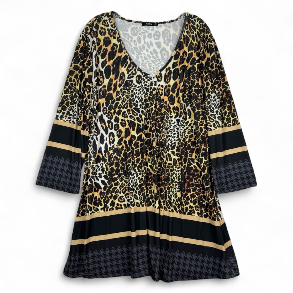 Lily By Firmiana Dress Leopard 2X Poly Long‎ Sleeve Loose Comfortable Short